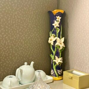 Heather Goldminc 20" Indigo Blue Ceramic Vase with Gold Accents Blue Sky
